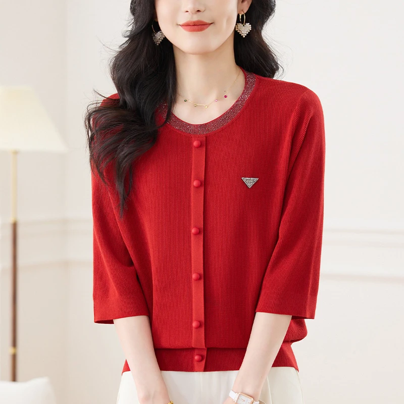 红色上衣女夏季大码七分袖针织衫宽松显瘦遮肉春秋洋气中袖打底衫