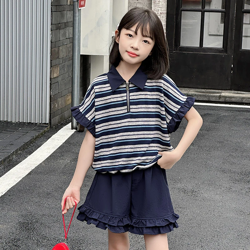 女童套装时尚翻领彩点条纹T恤短裤休闲3-15岁夏季女孩中大童韩版