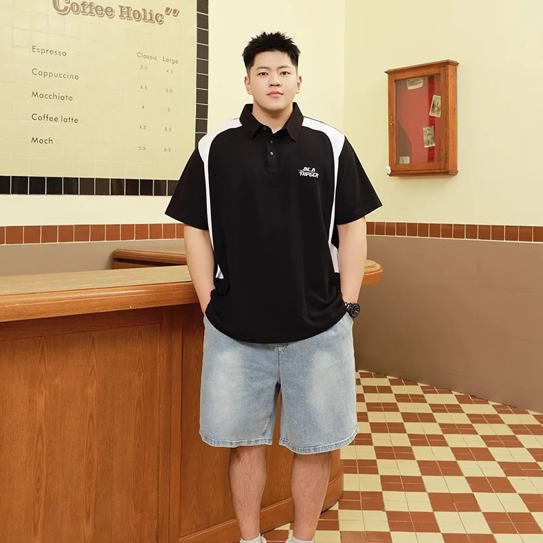 潮牌大码男装2025夏胖子撞色拼接短袖polo衫宽松加肥加大时尚百搭