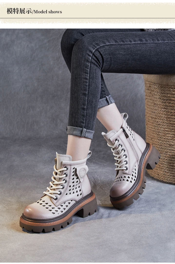 头层牛皮凉靴女春夏复古英伦厚底薄款镂空马丁靴真皮透气洞洞靴子
