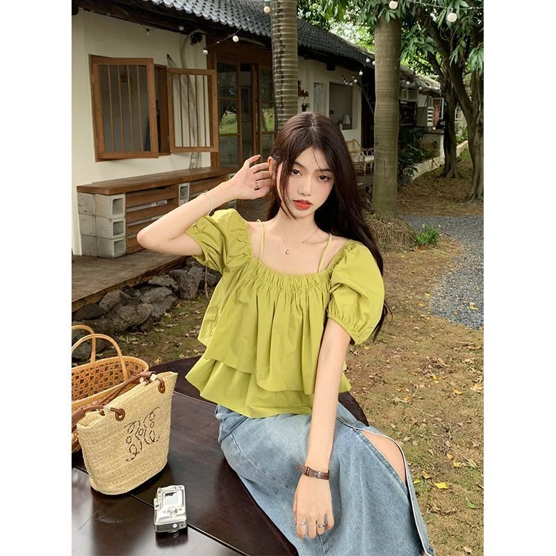 泡泡袖衬衫女装夏季韩版2024新款设计感方领吊带短款别致短袖小衫