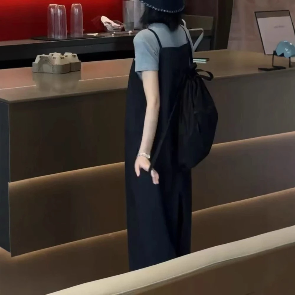 253862025夏季新款韩版时尚修身纯色T恤+阔腿背带裤潮