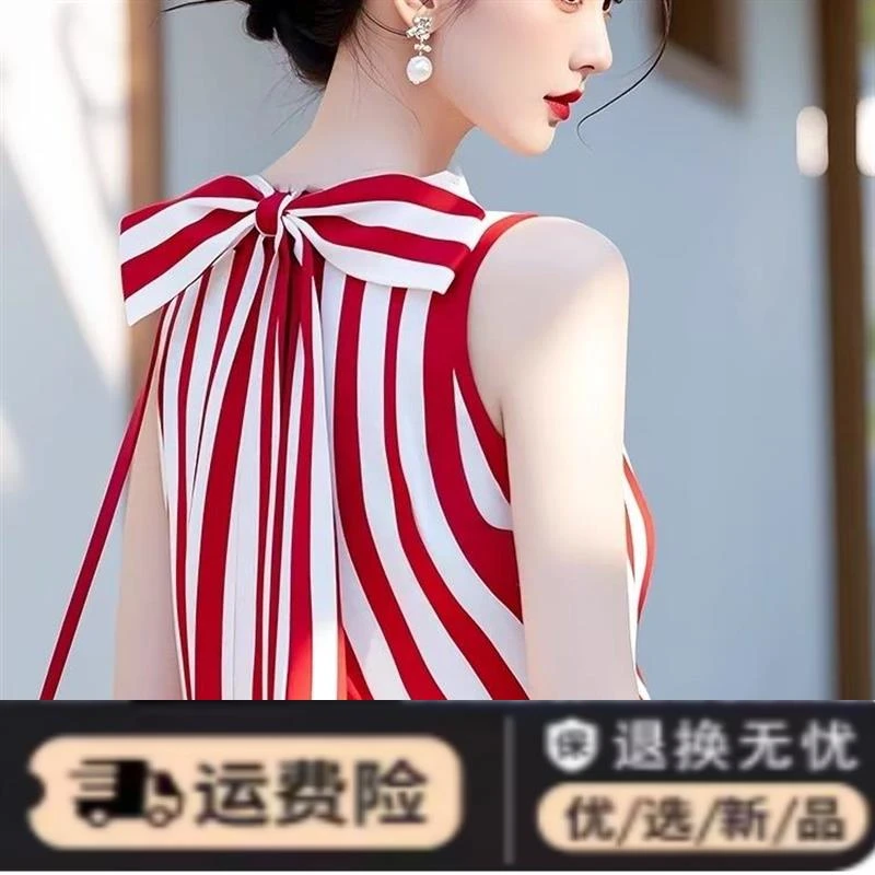 韩系chic红色条纹无袖衬衫女夏季洋气高端别致漂亮蝴蝶结绑带上衣