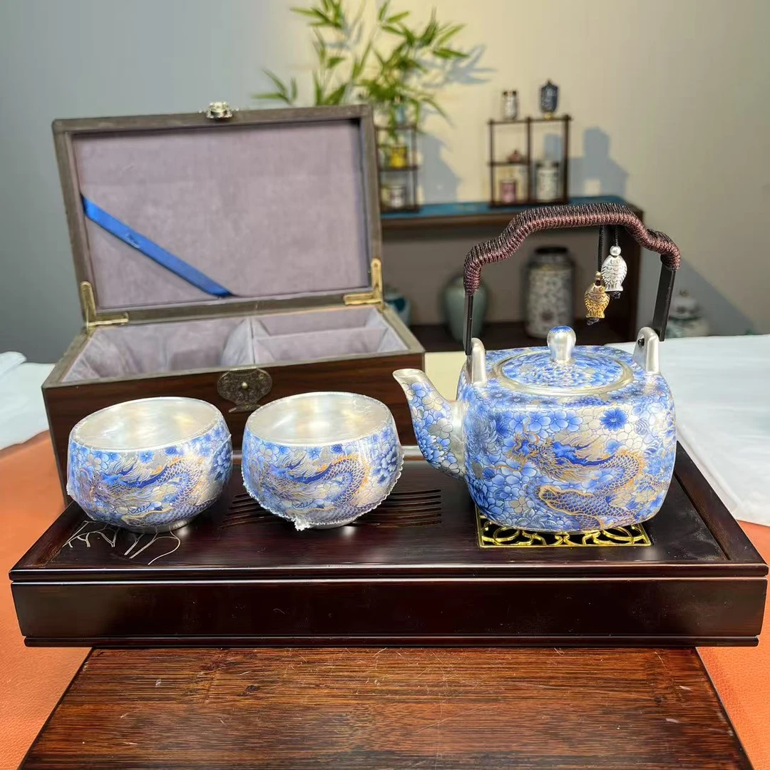 皇杰造物青花银提梁带2杯+茶盘+礼盒Z2157