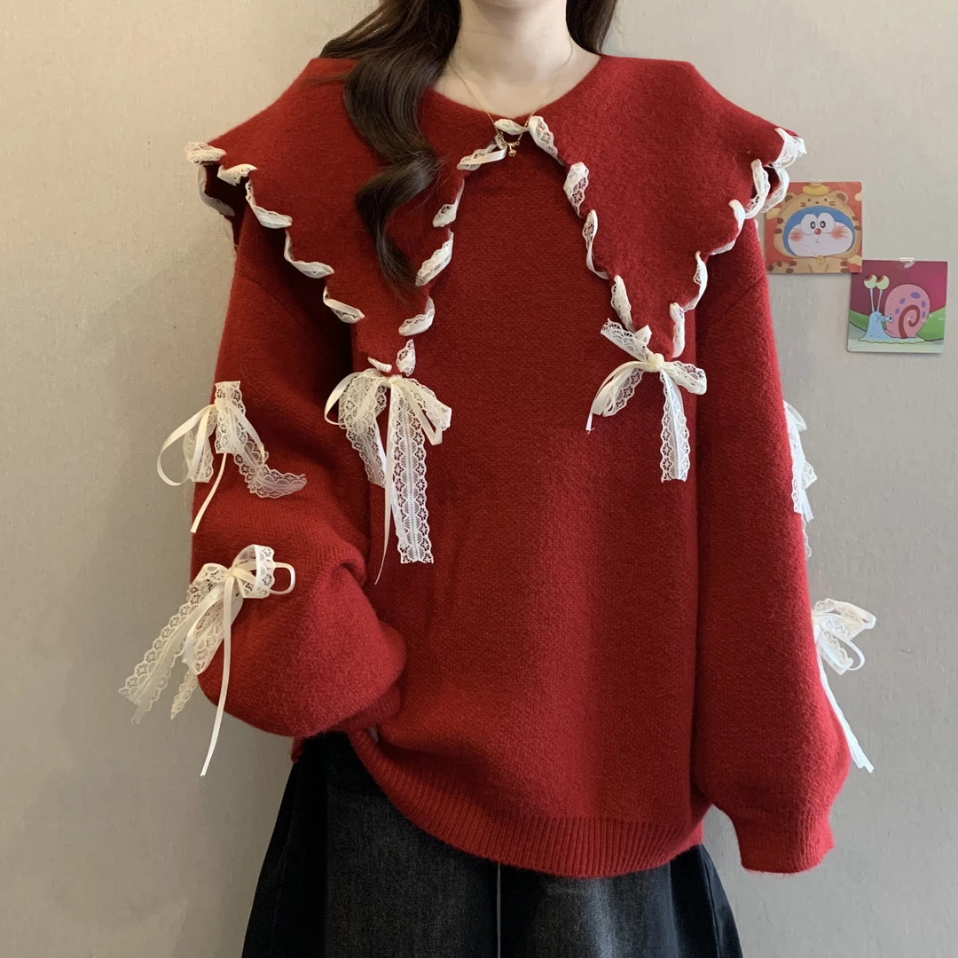 高级蕾丝翻领圣诞新款红色毛衣冬季2025新款大码女装宽松针织上衣
