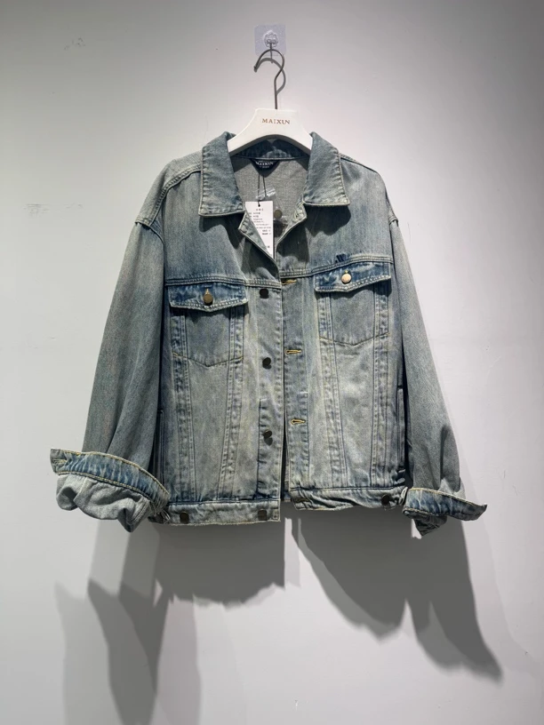 满天星烫钻牛仔外套百搭韩版宽松短外套落肩袖女装