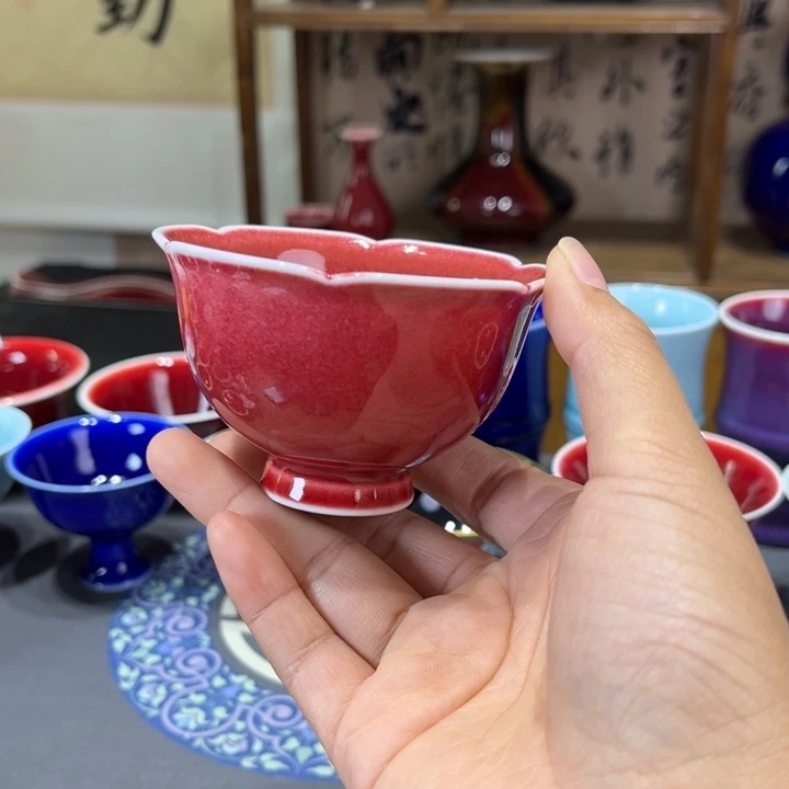 景德镇陶瓷浅行窑豇豆红花朵杯