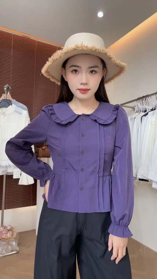 2025秋季新款娃娃领喇叭袖衬衣女宽松甜美减龄气质长袖衬衫