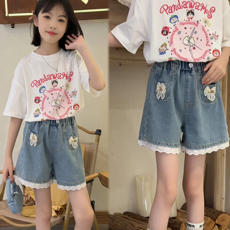 女童牛仔短裤套装夏季2025新款洋气中大童T恤两件套时尚蕾丝裙裤