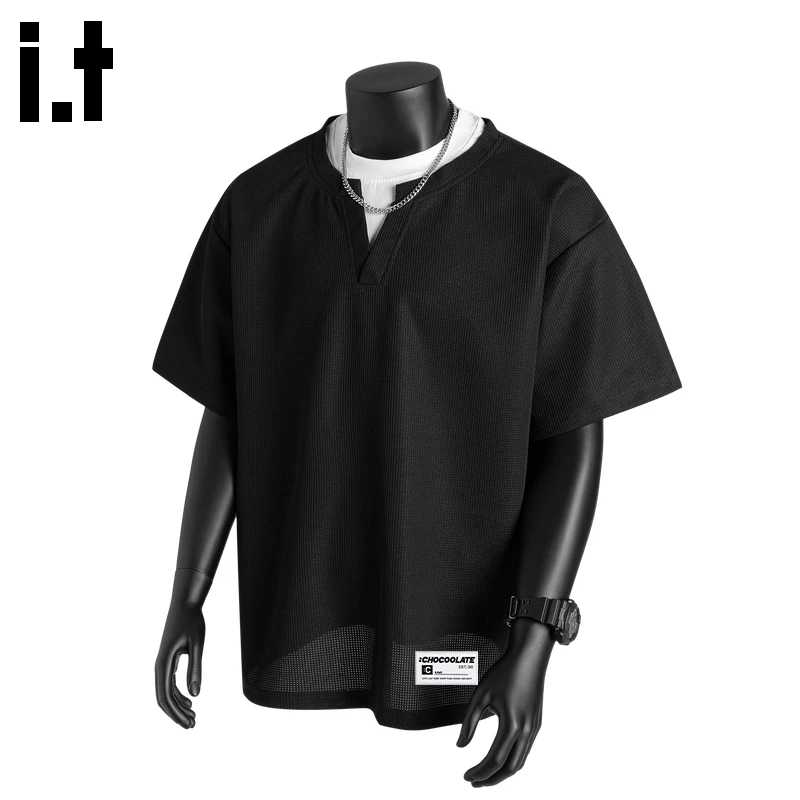 i.t:CHOCOOLATE男士假两件短袖2025夏季薄款宽松休闲半袖t恤上衣