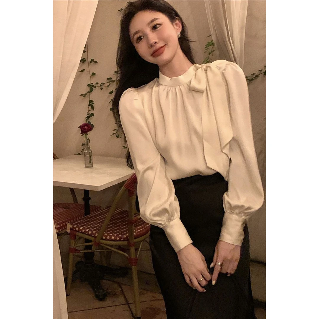 衬衫女装设计感小众蝴蝶结长袖衬衣2025春季新款法式绑带上衣ins