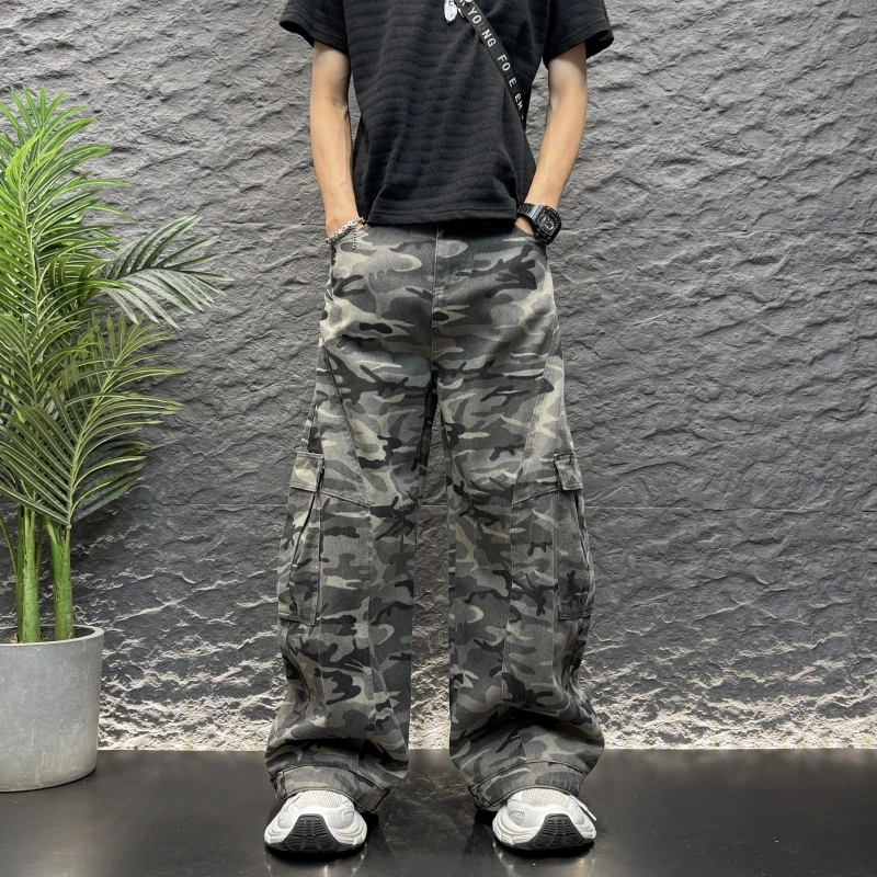 弯刀拼接迷彩垂感拖地工装长裤2025新款男士男士户外拼接工装长裤