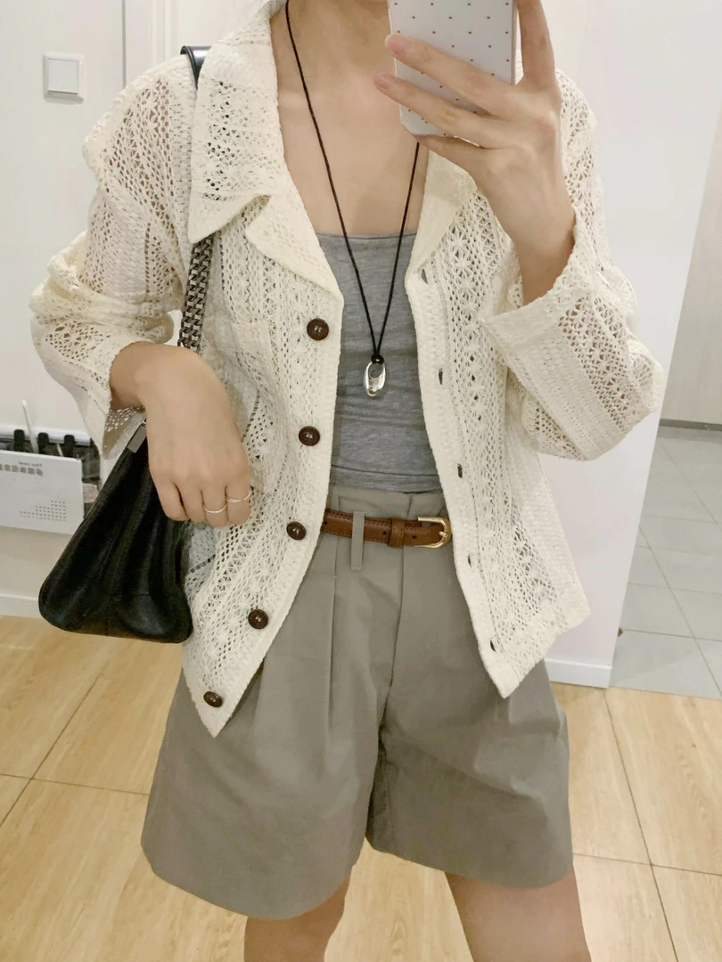 女士外贸LC黑色白色韩系小众风翻领蕾丝镂空防晒针织开衫外搭长袖