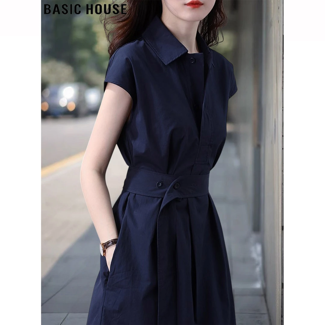 Basic House/百家好藏蓝色短袖连衣裙女早秋收腰显瘦POLO领衬衫裙