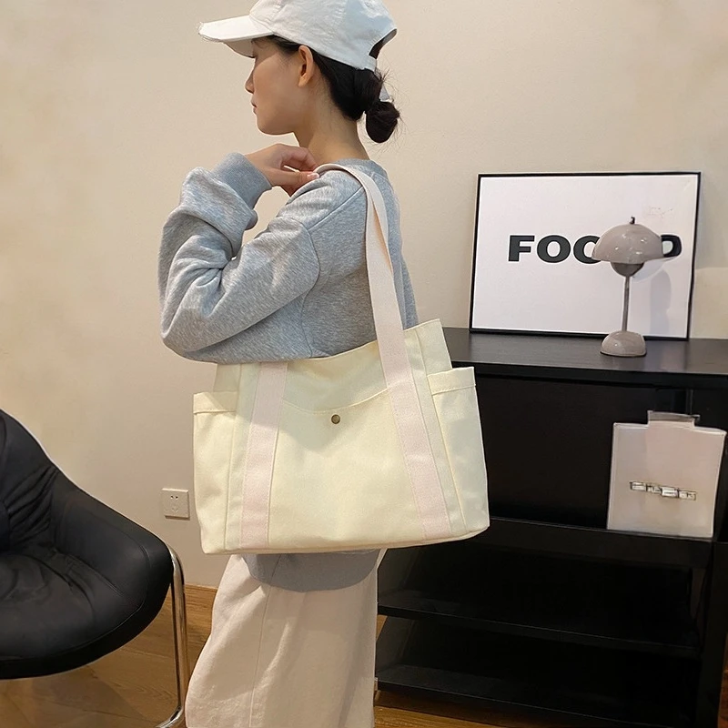 帆布包包女士手提袋单肩包日常百搭手提包通勤大容量补课袋多口袋