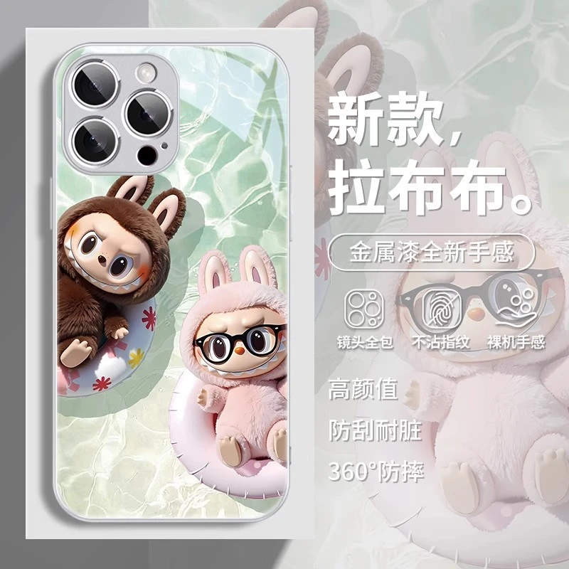 夏日游泳labubu适用苹果16手机壳iphone15拉布布14镜面xr水波纹13