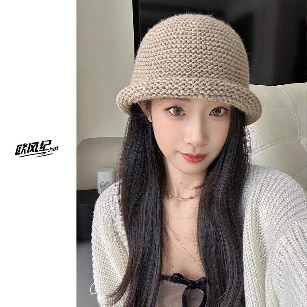 优雅卷边粗针毛线针织渔夫帽女秋冬复古黑色咖色水桶帽盆帽潮
