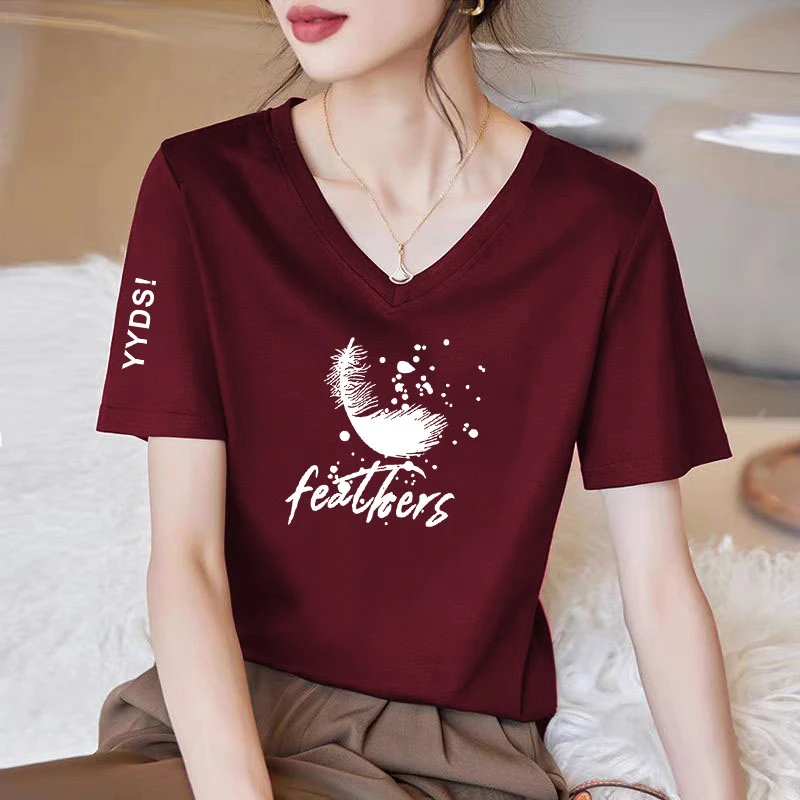 100%纯棉短袖V领T恤2025夏季新款洋气显瘦打底衫女遮肚子百搭上衣