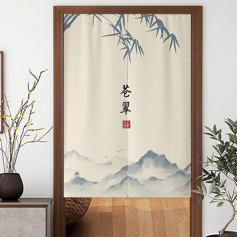 中式复古茶室门帘卫生间隔断布帘家用卧室遮挡半帘免打孔玄关挂帘