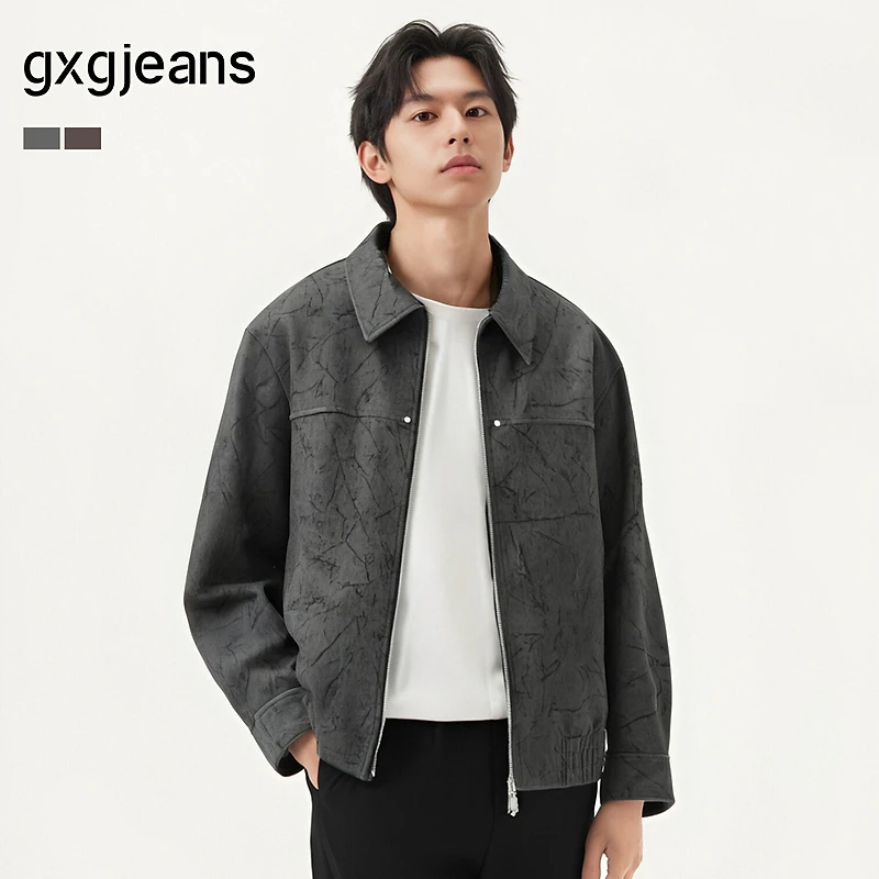 gxg.jeans男装 咖色满印潮流宽松翻领夹克外套男士 25年春新品