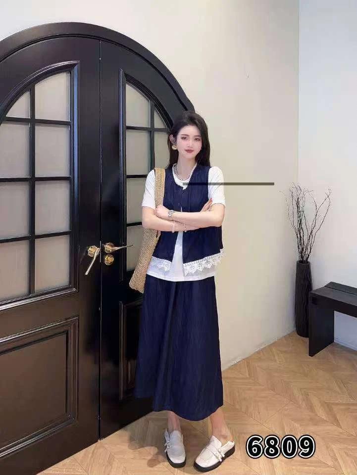 拼色蕾丝底摆马甲圆领短袖T恤衫半身裙大码女装夏季款三件套6809