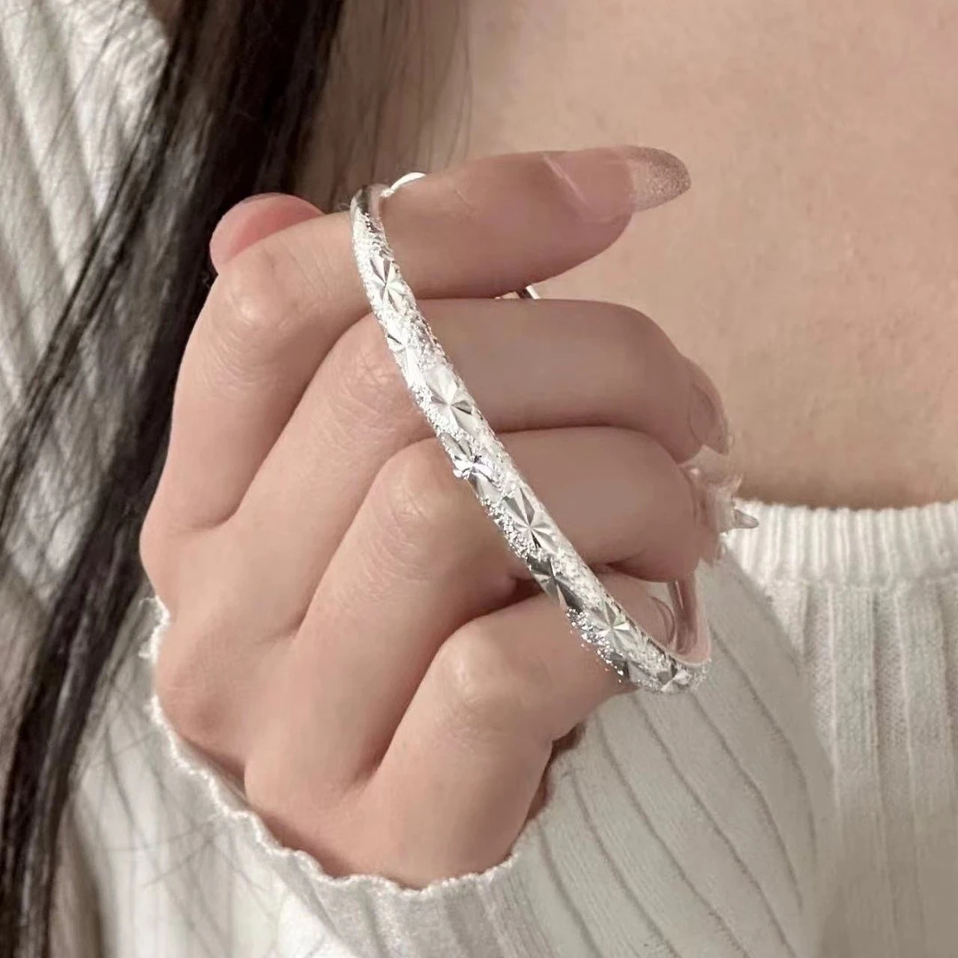 足银手镯 满天星女款实心推拉可调节简约送女友手镯轻奢足银9999