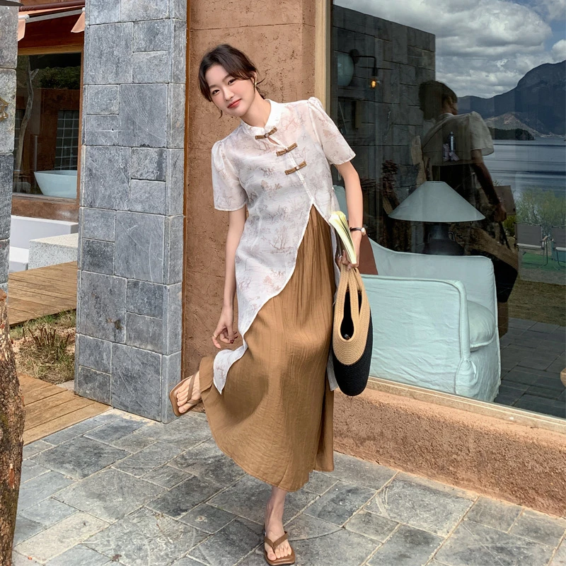 新中式套装裙夏季女2025新款复古氛围感温柔风国风盘扣罩衫吊带裙