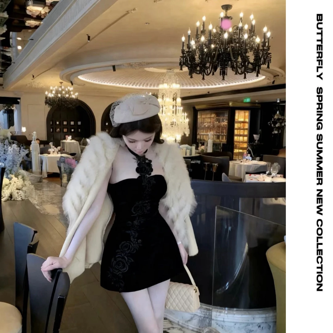 【秘境花语】挂脖抹胸立体花边拼接连衣裙搭无领毛毛外套