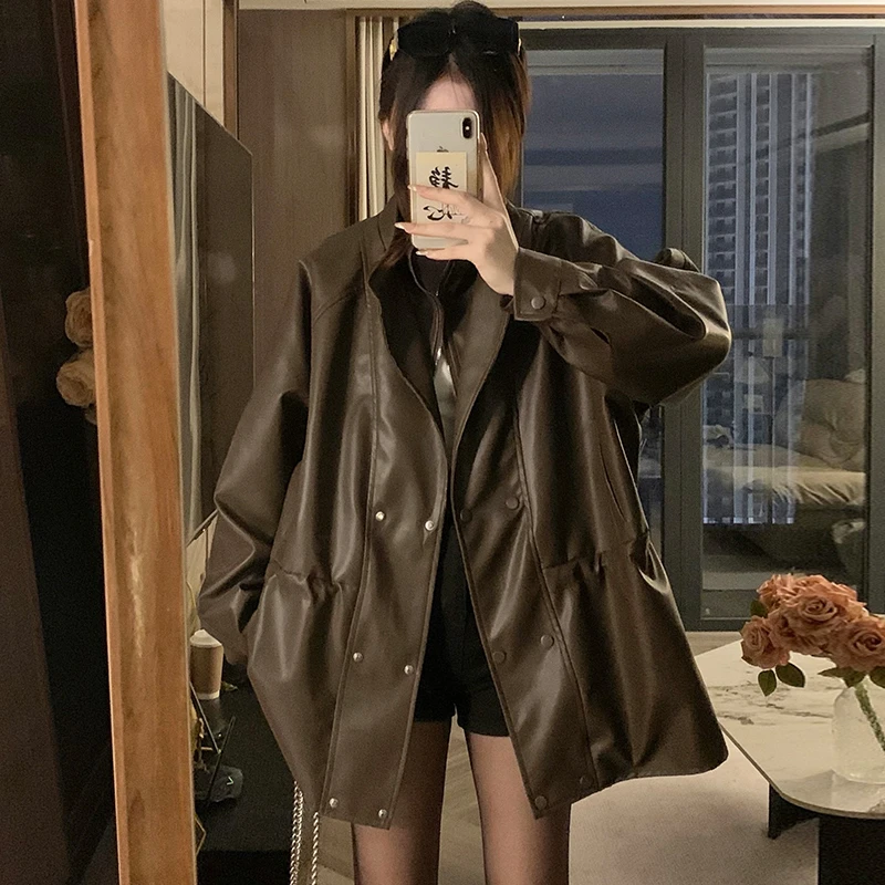 美式复古抽褶收腰中长款皮衣外套男女春秋新款双层领情侣重工夹克