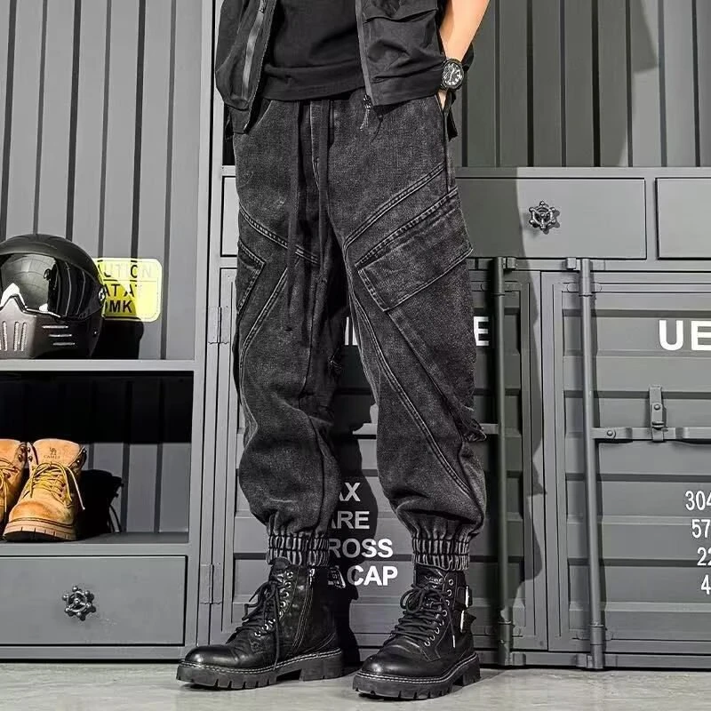 春秋工装牛仔裤男重磅水洗复古机能阔腿裤潮牌宽松休闲百搭束脚裤
