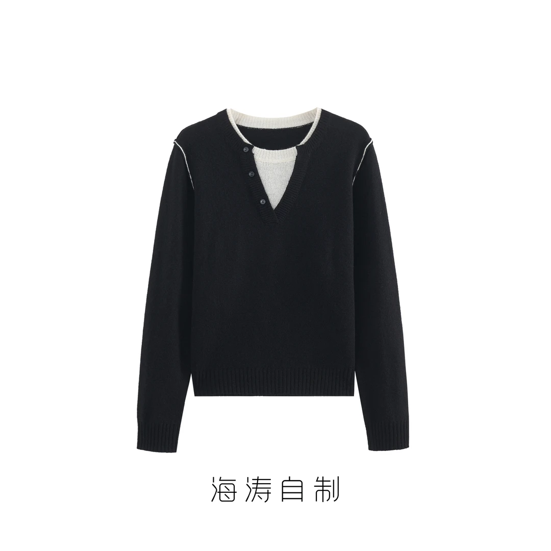 【海涛自制】「里性」全羊毛假两件半纽扣圆领针织衫