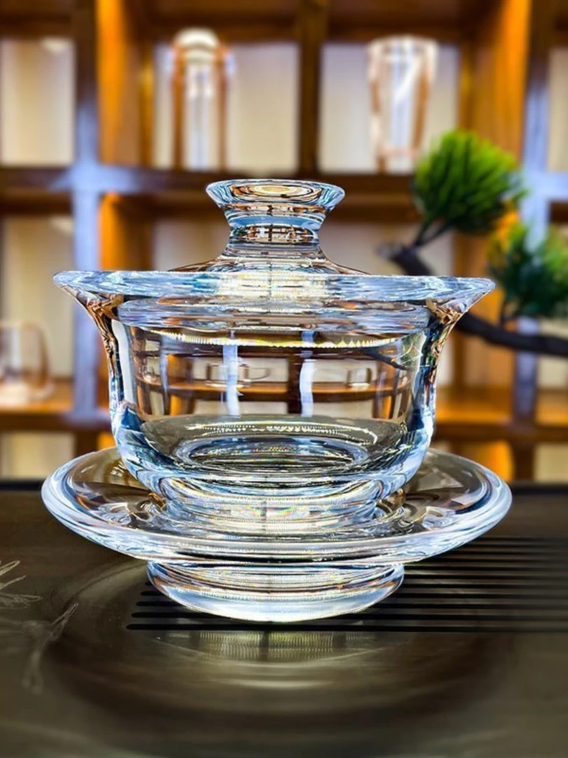 东海纯水晶老师傅手工切割打磨高端功夫茶具三才盖碗