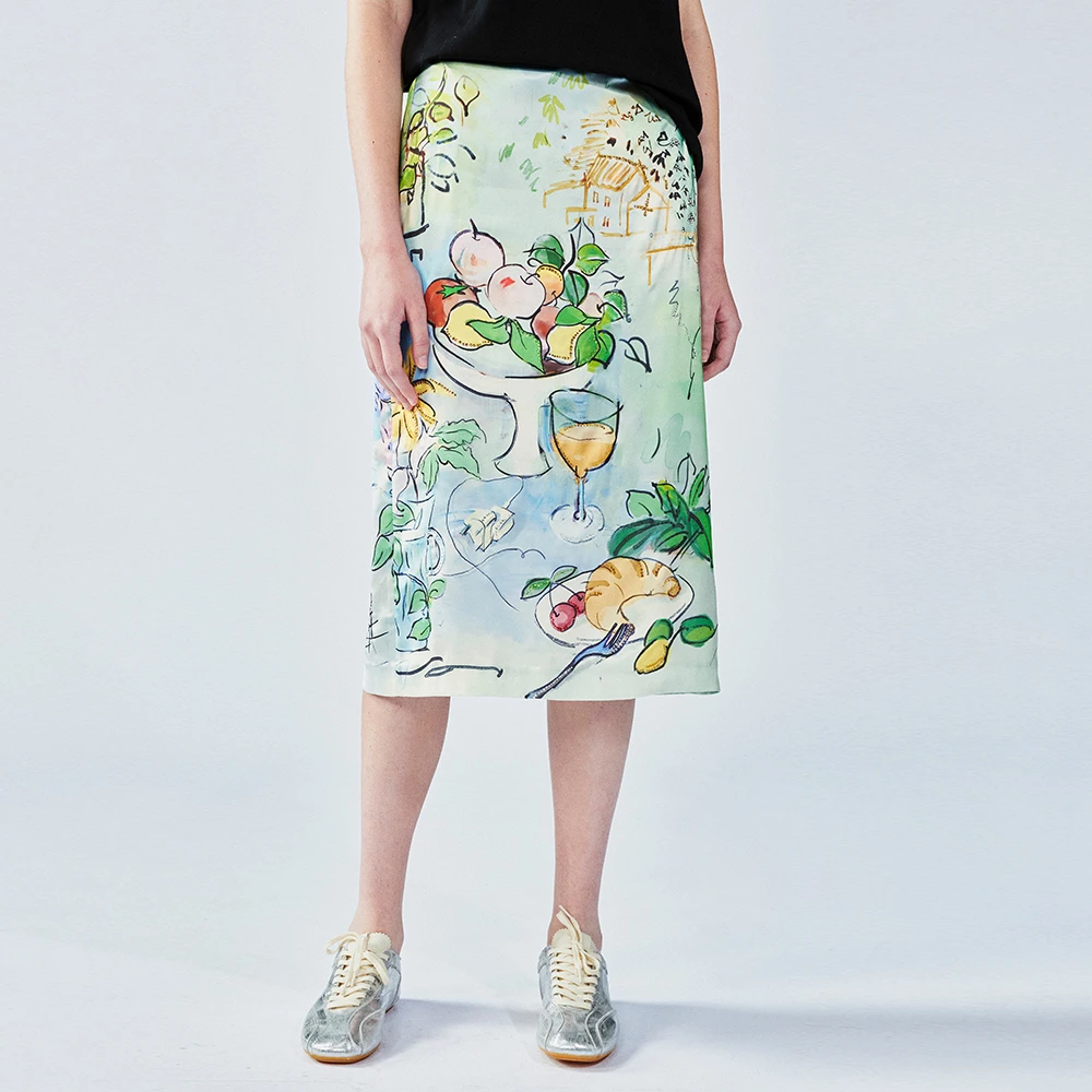 UOOYAA/乌丫2025夏款「爱与食物」手绘水彩缎面半裙UY25234Q134185