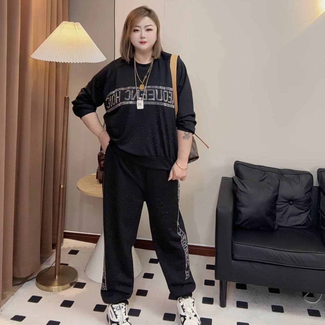 2025春季新款大码女装显瘦时尚套装轻奢钻气质宽松卫衣卫裤两件套