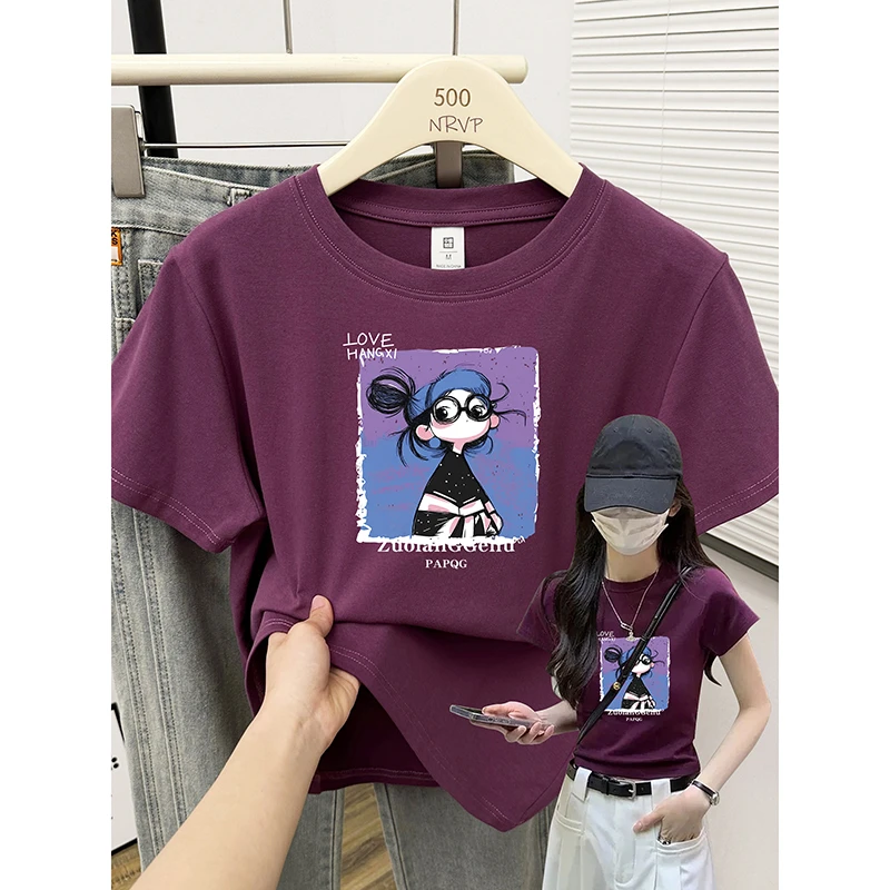 运补小个子圆领减龄正肩短袖t恤女夏季简约百搭修身高弹力棉上衣