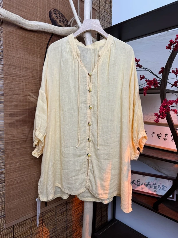 夏季薄汉麻灯笼袖纯色琉璃扣V领半袖开衫