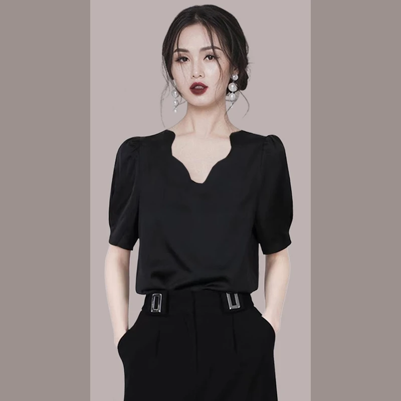 法式设计感小众泡泡袖T恤女2025夏新款御姐别致短袖黑色上衣