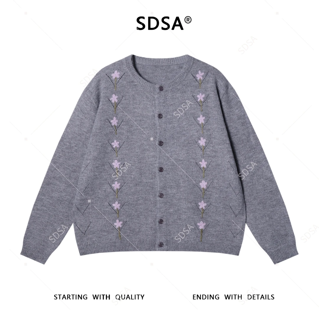 SDSA男士秋冬新款痞帅男装毛衣复古撞色花朵圆领针织衫纽扣开衫