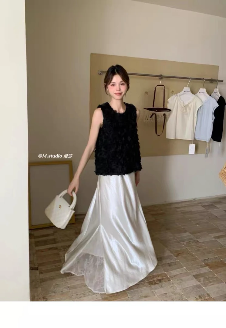 1152#立体黑玫瑰花设计减龄百搭无袖背心小衫