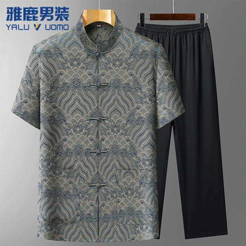 雅鹿男装夏季薄款冰丝老年人唐装套装休闲爷爷装晨练舒适宽松短袖