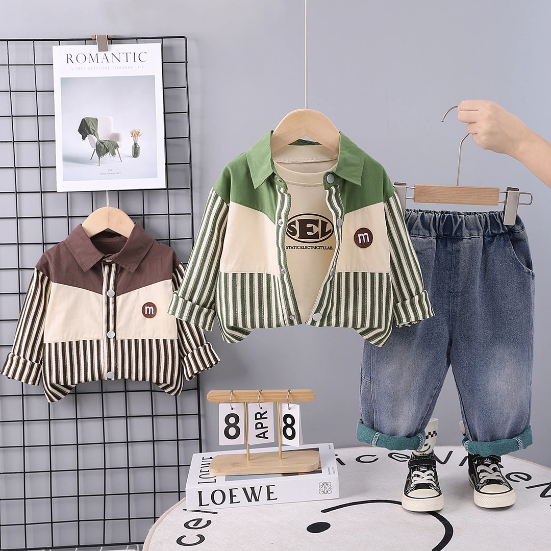 儿童秋季新款套装1-2-3-4岁男童洋气拼接衬衫宝宝韩版三件套韵