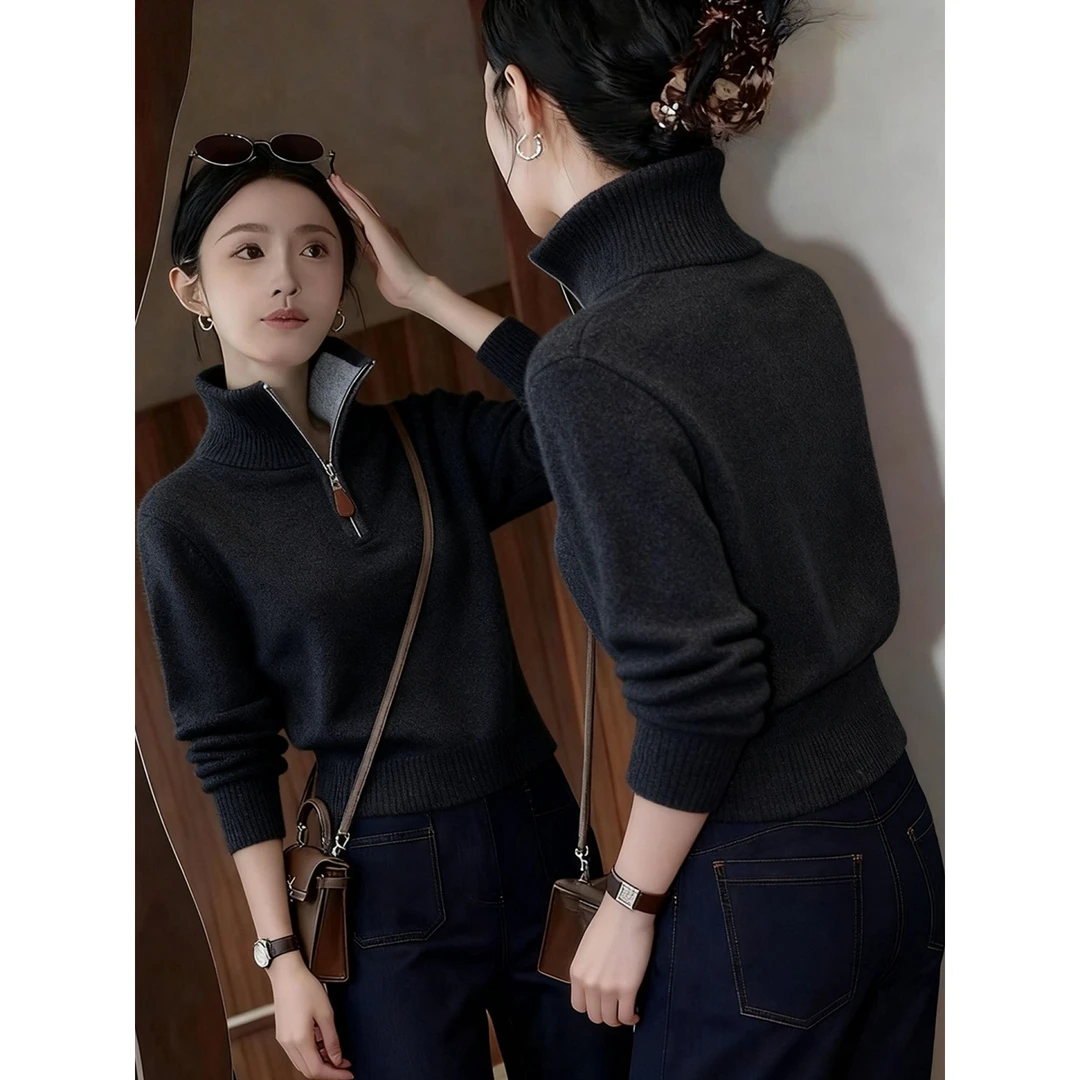 深灰色半拉链立领针织衫毛衣女款2025新款深冬独特超好看内搭上衣