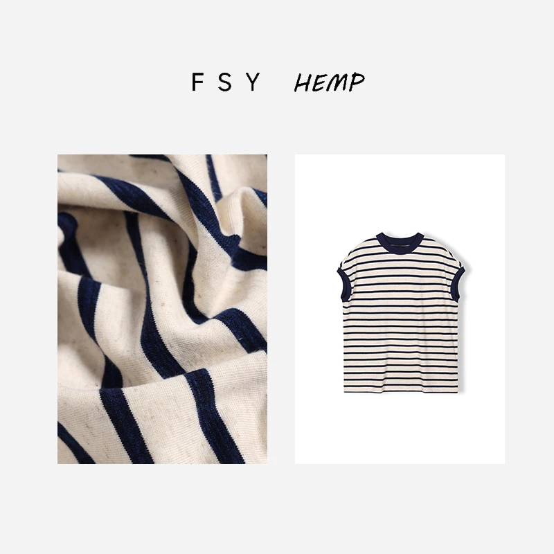 汉麻棉混纺针织法式蓝白条纹半包短袖T恤FSY50413