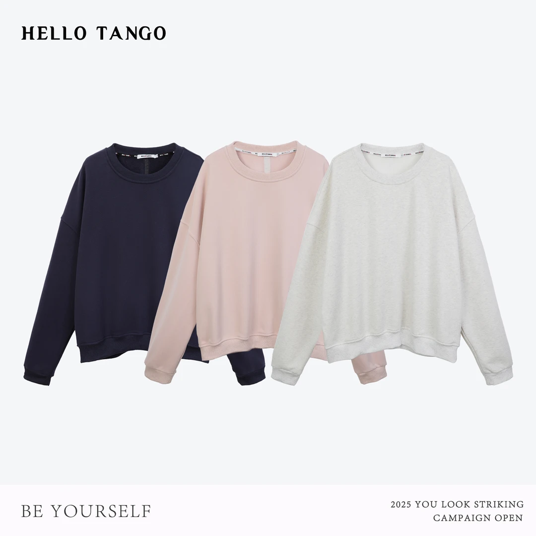 HELLOTANGO《极简魅力》秋冬韩系极简阔版休闲加绒套头卫衣55781