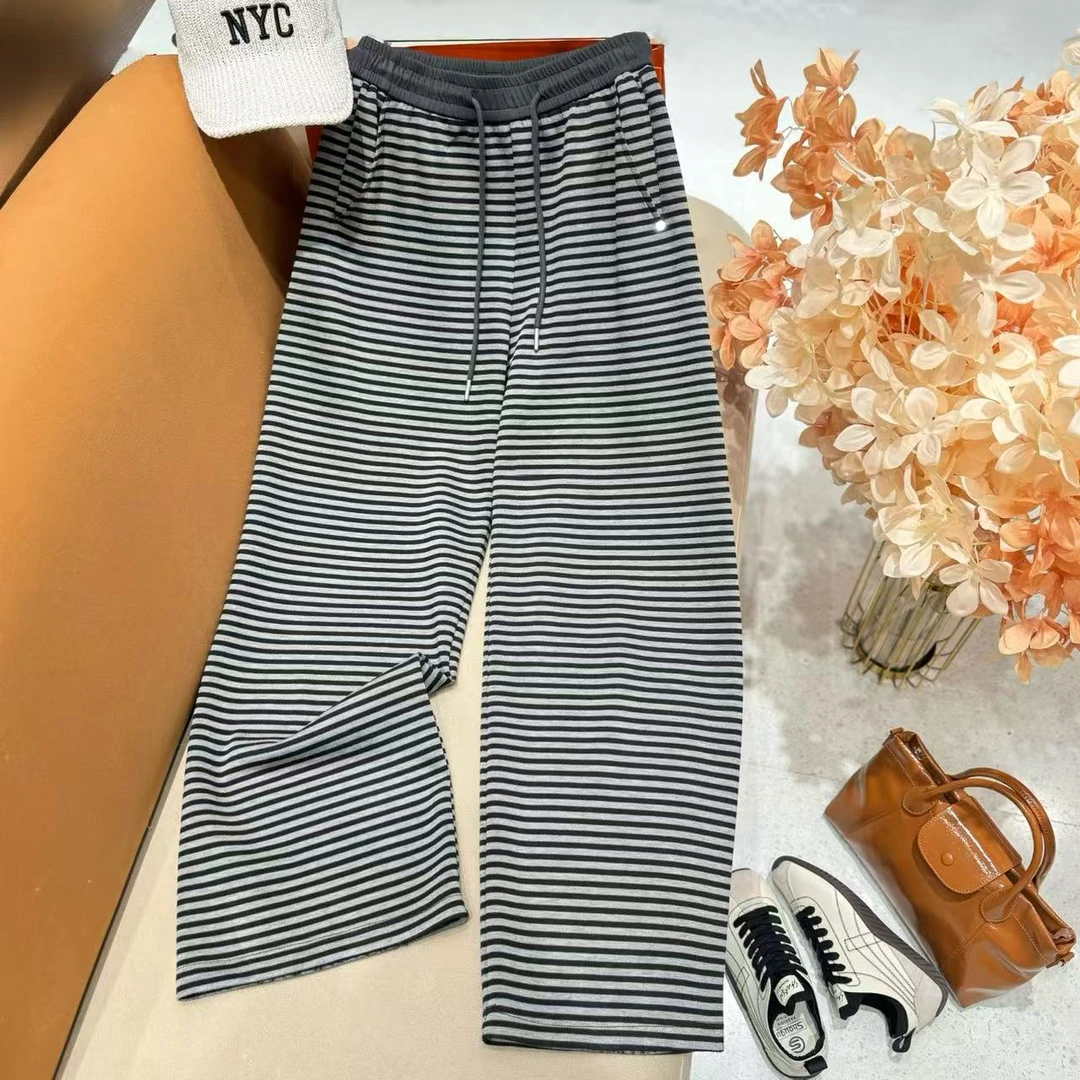 [68岁小姐姐]2025韩系慵懒风经典条纹抽绳松紧腰休闲长款YY9 9162