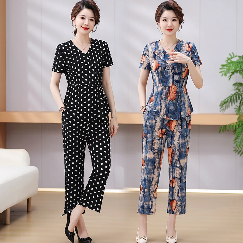 休闲宽松中老年女装中老年大码夏季V领2025薄款阔腿裤妈妈装套装