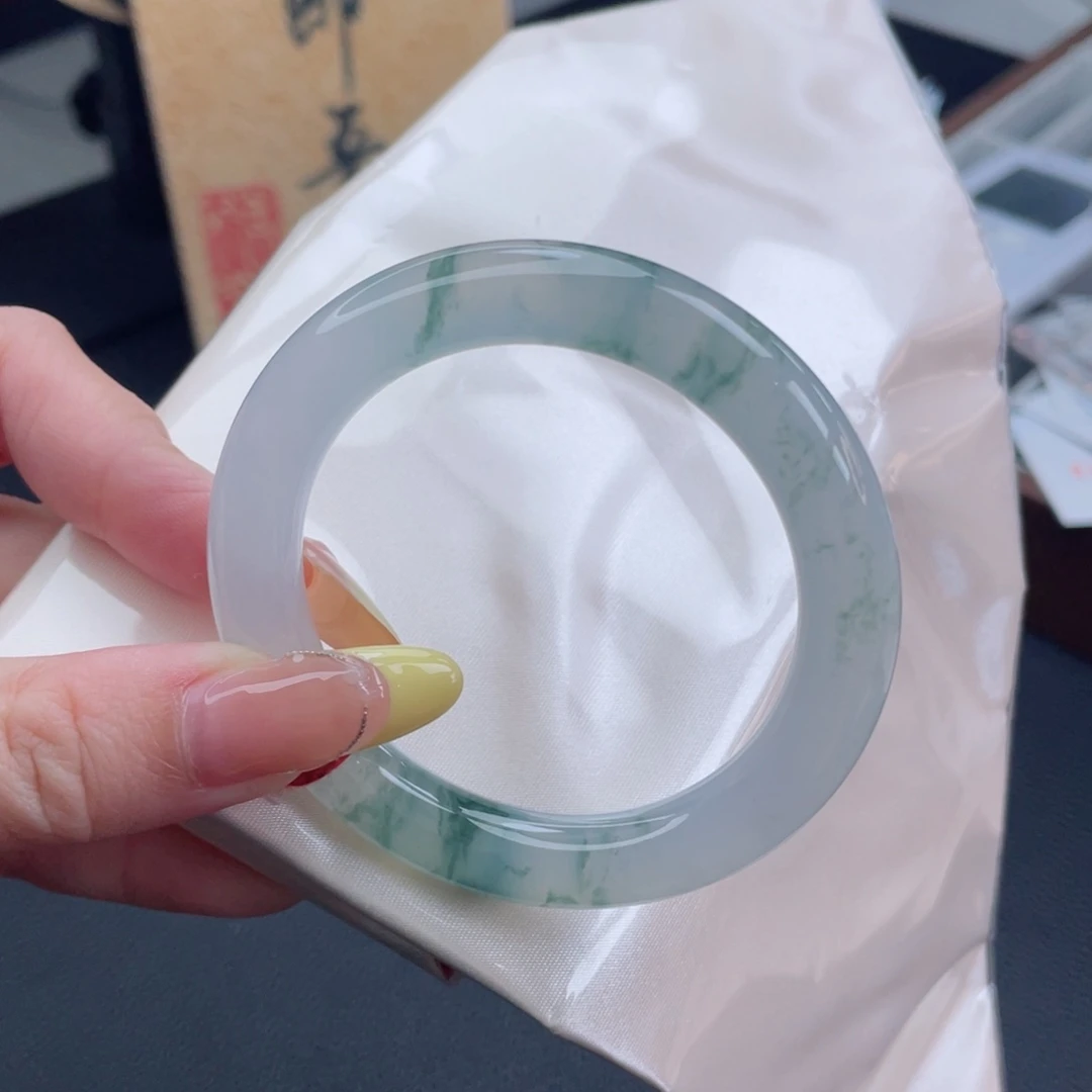 未镶嵌手镯翡翠52.0白冰飘花 烟雨入江南古色古香 33号