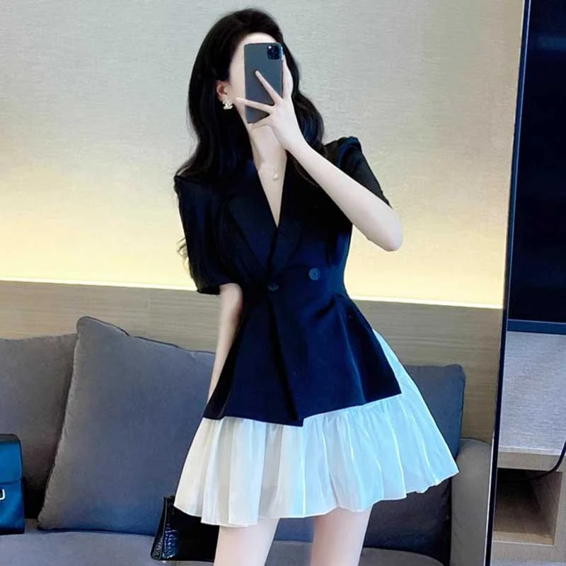 【两件套】【有里布】气质名媛轻熟风收腰显瘦v领蓬蓬裙两件套D0728