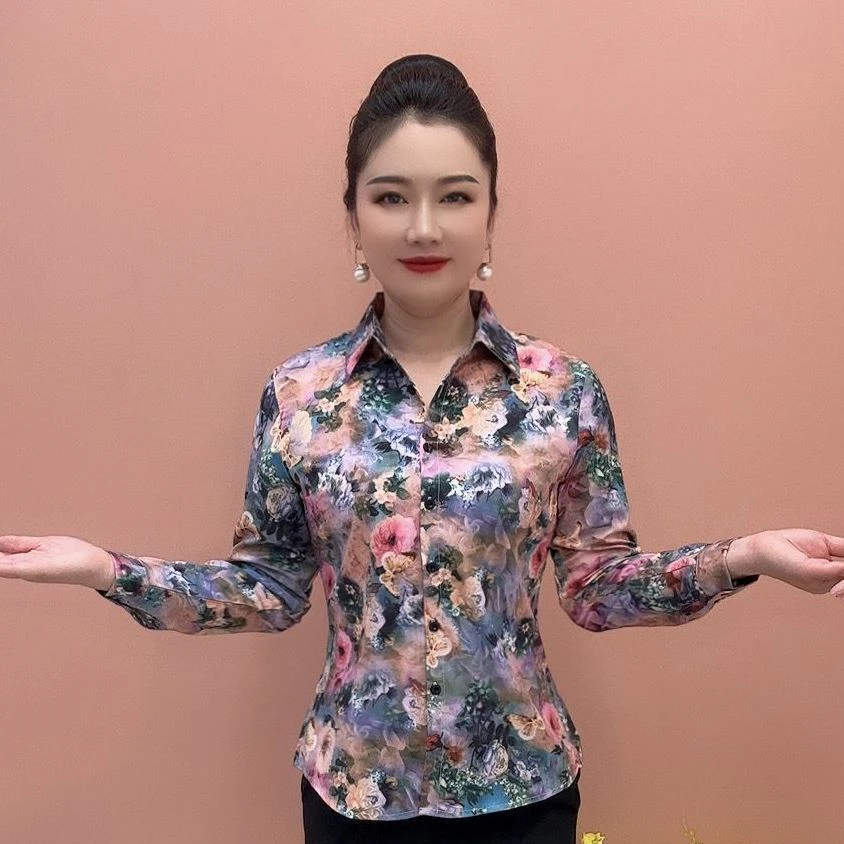 新款春秋时尚衬衫洋气百搭修身印花长袖妈妈衬衣碎花上衣