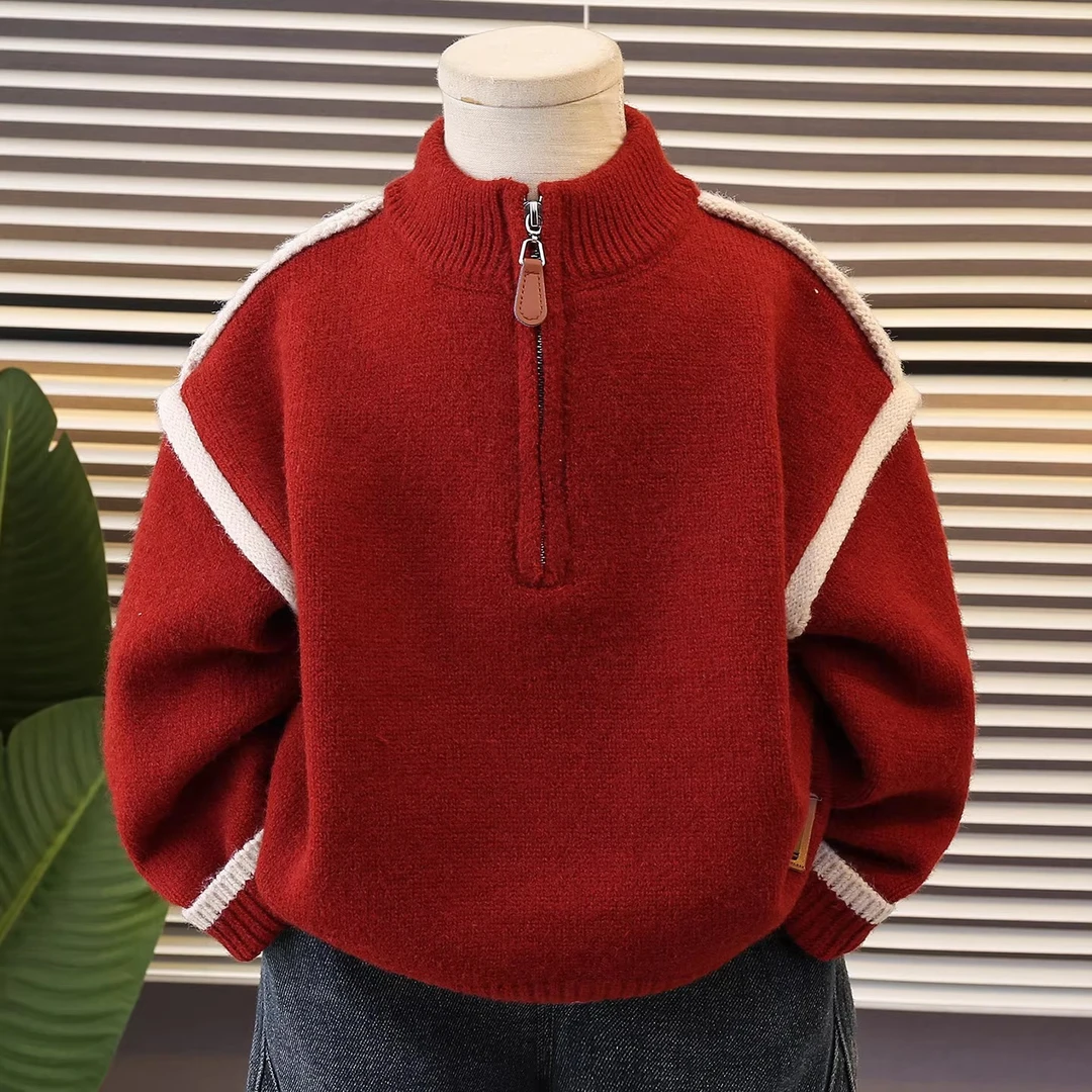 男童红色毛衣加厚冬季2026新款半开领儿童过年针织衫宝宝冬装衣服